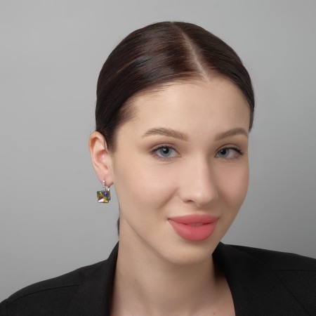 Earrings with rhinestones "square" flicker, white-radiant color in silver-2