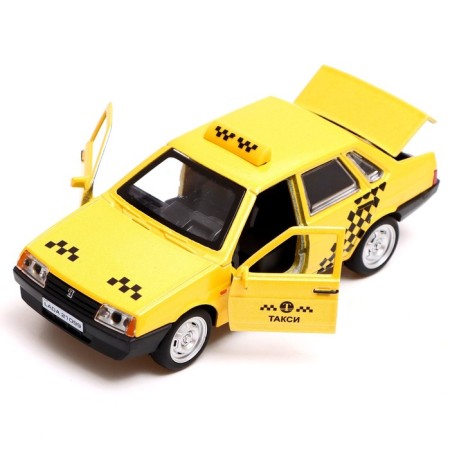 Metal VAZ-21099 “Taxi satellite”, 12 cm, doors and trunk open, yellow color-3