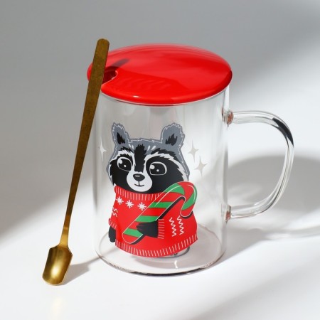 Glass mug with a spoon and lid "Raccoon", 470 ml-3