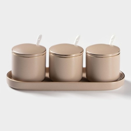 A set of ceramic cans with spoons on the stand "Pastel", 3 items: 250 ml, beige color-1