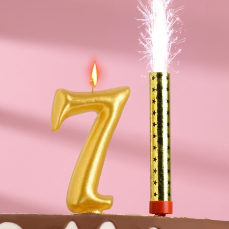 Set a candle for a cake digit 7 giant, gold, with a fountain, 9.5 cm