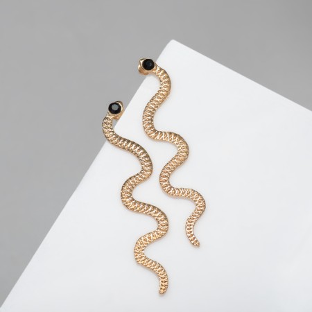 Hanging earrings "snake" thin, black color in gold