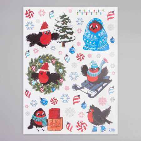 New Year sticker interior color "New Year bullfinches" 30x40 cm-2