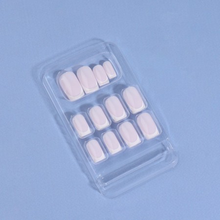 Classic French overhead nails, 24 pcs, with adhesive plates, soft square shape, pale pink/white color-2