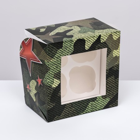 Packaging for 4 cupcakes with a window, "camouflage", 16 x 16 x 10 cm