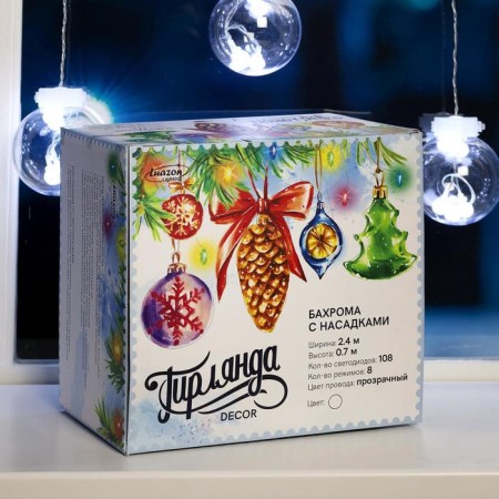 Garland "fringe" 2.4 × 0.7 m with nozzles "balls", ip20, transparent thread, 108 LED, glow white, 8 modes, 220 V-7