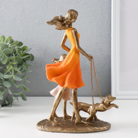 Souvenir Polystone "Mom with a daughter on a walk with dogs" bronze, orange 16x9.5x24 cm-3
