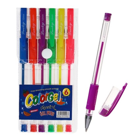 Set of gel pens, 6 colors, fluorescent, with rubber holders-7