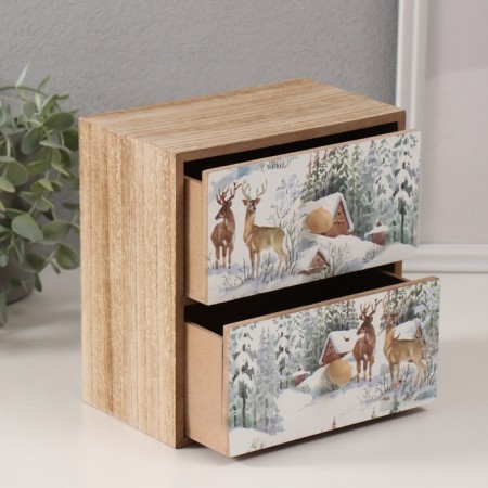 Casket wood 2 boxes "deer at the snowy house" 10.2x17.2x17.6 cm-2