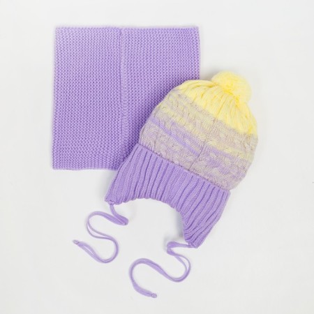 Kit (hat and snood) for the girl, lilac/yellow color, size 47-50 cm-2