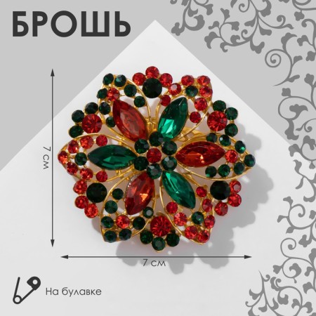 Brooch "Flower" double petals, red-green color in matte gold