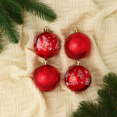 Set of balls plastic D-5.5 cm, 4 pcs "New Year's Fun" Snowflake geometry, red