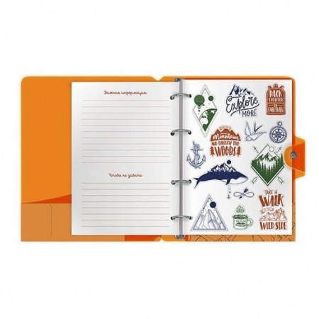 A notebook on rings A5 120 sheets in the Lorex "Neon. Orange" cage, with a change of block, a plastic cover, with stickers-2