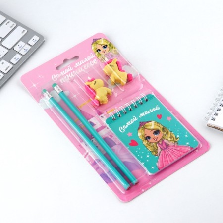 Chancellery set of "The Wonderful Princess", pencils 2 pcs, erasers 2 pcs, notebook-7