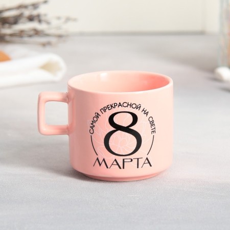 Tea couple ceramic "March 8", mug 150 ml, saucer 17.5x8 cm, pink color-2