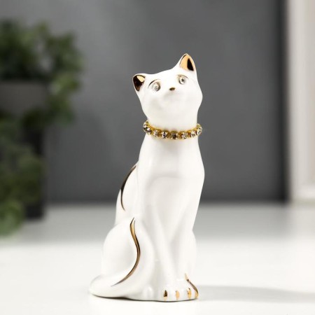 Souvenir ceramics "White cat with a necklace" with gold, rhinestones 9.5 cm