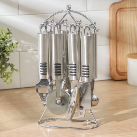 A set of kitchen instruments "DENI", 6 items, on a stand, silver color-1