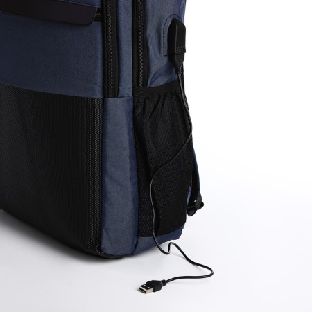 Male backpack on lightning, 3 outer pockets, a USB connector, a suitcase mount, blue color-5