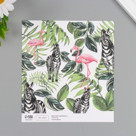 Scrapbooking paper bilateral "parrots, flamingos and zebra" density 180 grams set 10 pcs 15.5x1-3