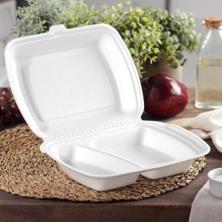 Disposable lunch box, 24.7 × 20.6 × 7 cm, 2 sections, white color