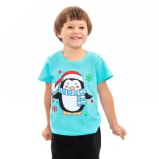Children's T -shirt, turquoise color/penguin, height 122 cm