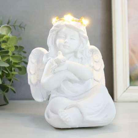 Souvenir Polystone Light "Angel with a star wreath and pigeon" White mix 12x11.5x15 cm-5