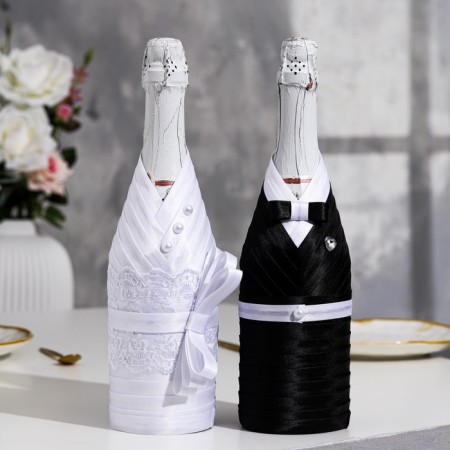 Decoration for champagne "Bridegroom and Bride", black and white