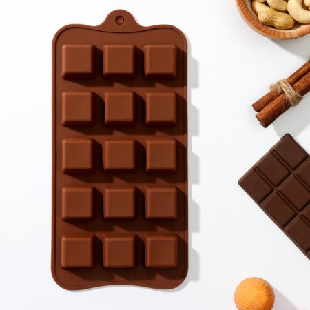 Form for chocolate shares "Chocolate sweets", silicone, 21.5 × 10 × 1.5 cm, 15 cells, brown color