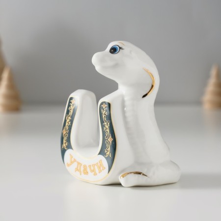 Souvenir Ceramics "White Cobra with horseshoe - good luck" 5x7x8.5 cm-1