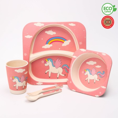 A set of bamboo dishes "Unicorn", plate, bowl, glass, devices, 5 items