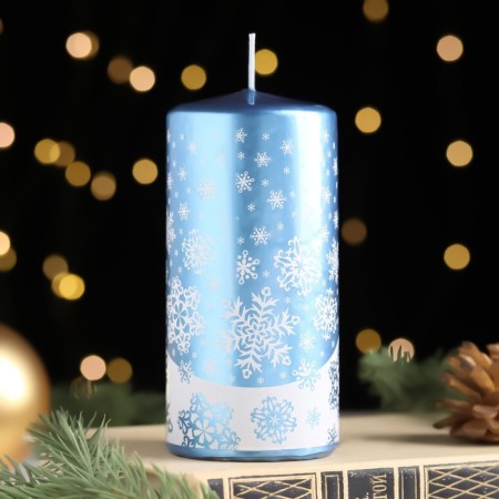 New Year's Candle-Cylinder "New Year's Patterns No. 4", 12.5x6 cm, 35 hours, 275 g, blue with white-1
