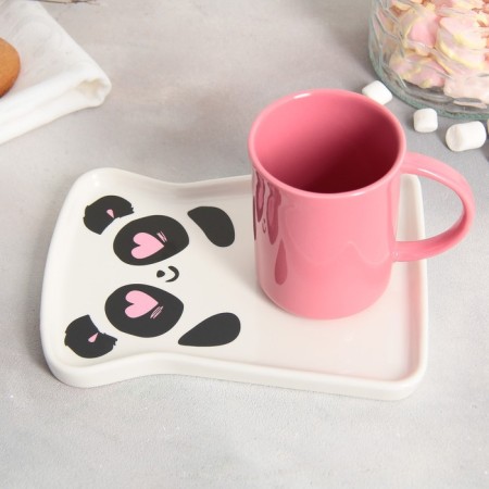 Tea couple ceramic "Panda", mug 200 ml, saucer 17.8x13.3 cm, pink color-2