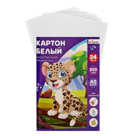 Картон белый А5, 24 листа Calligrata, мелованный, плотность 200 г/м2, в папке-1
