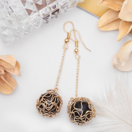 Earrings hanging “wandered ball”, black color in gold, 6.5 cm-1