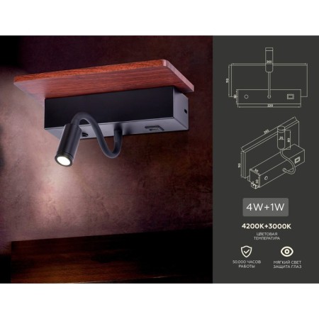 LED lamp wall -mounted with a switch, USB port and Ambrella Light, Wall, FW291, LED, 6 W, 525LUM, 4200, 3000K, Black Black, Dark Tree-1