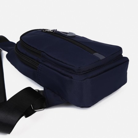 Male sling bag from textiles, headphone opening, blue color-5