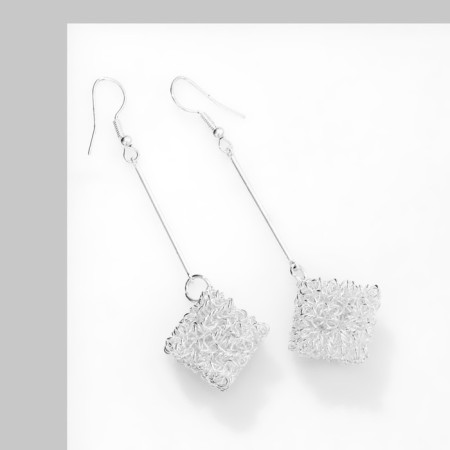 Earrings "Square" voluminous, color white silver, 7.5 cm-1