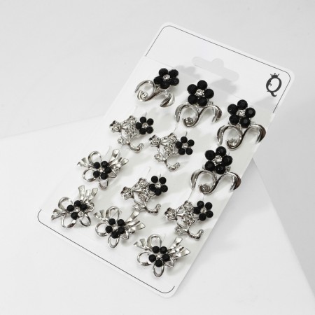 Brooch "Flowers" Mini, Mix shape, black and white color in silver (indivisible packing 12 pcs., Price per pcs.)-2
