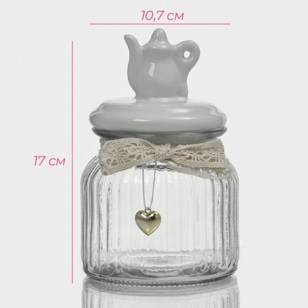 Glass Bank for bulk products with ceramic lid "Tea Conversations", 700 ml, 10.7 × 17 cm, white color-1