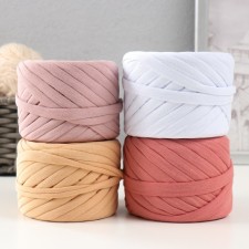 Knitted yarn set No. 7, 4x30 m, width 7-9 mm, 100 g (white, dusty rose, powder, melon)