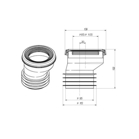 Fan pipe for toilet Orio S-9970, eccentric, 20 mm, with a cuff, l = 132 mm-3