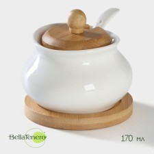 Porcelain sugar tower with a spoon on a wooden stand Bellatenero, 170 ml, white color