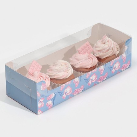Confectionery packaging, cupcake box with PVC lid, "tenderness", 30 x 8 x 11 cm