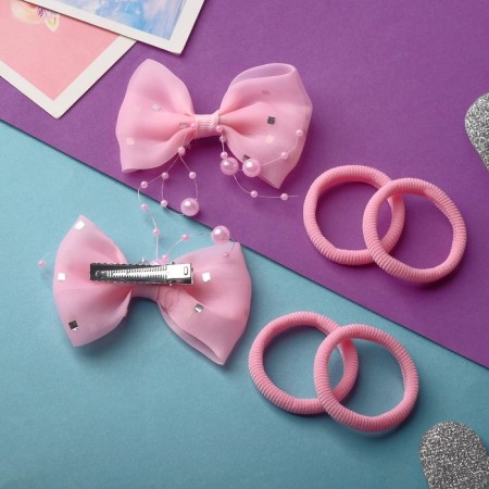 Hair set "Karapunka" (2 clamps, 4 elastic bands) Bassi bow, pink-2