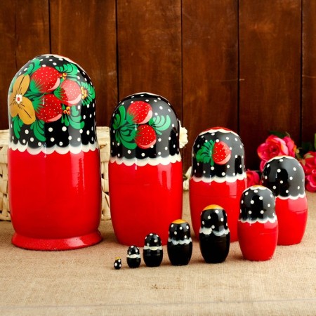 Matryoshka "Khokhloma", red dress, 10 puppet, 26 cm-1