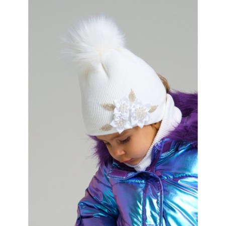 Children's knitted set for girls: hat and snood, size 46, white color-1