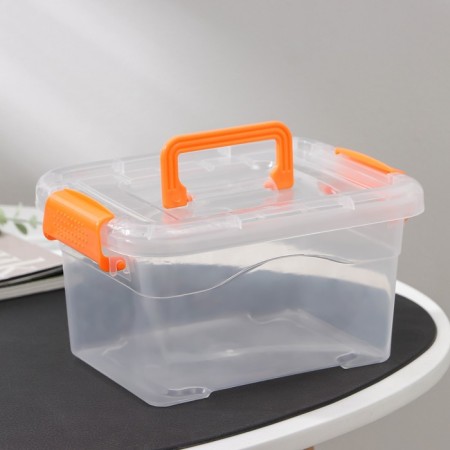 The storage container is plastic, 20 × 15 × 11 cm, a cover with a handle on a latch, matte