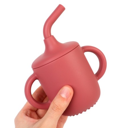 Drunker with a pipe Children's silicone "Try AGAIN", 200 ml., With handles, cherry color-4