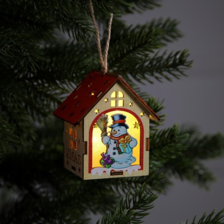 Christmas tree toy "House with a snowman", from batteries, a glow of warm white