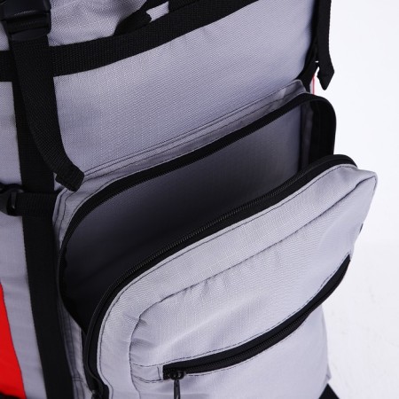 Tourist backpack, TAIF, 90 l, cord department, outer pocket, 2 side nets, gray/red color-8